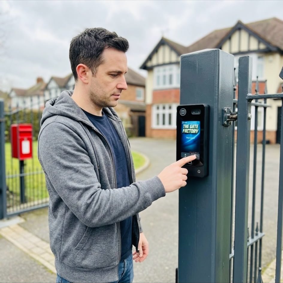 Video intercom with The Gate Factory welcome screen fitted to a gate post